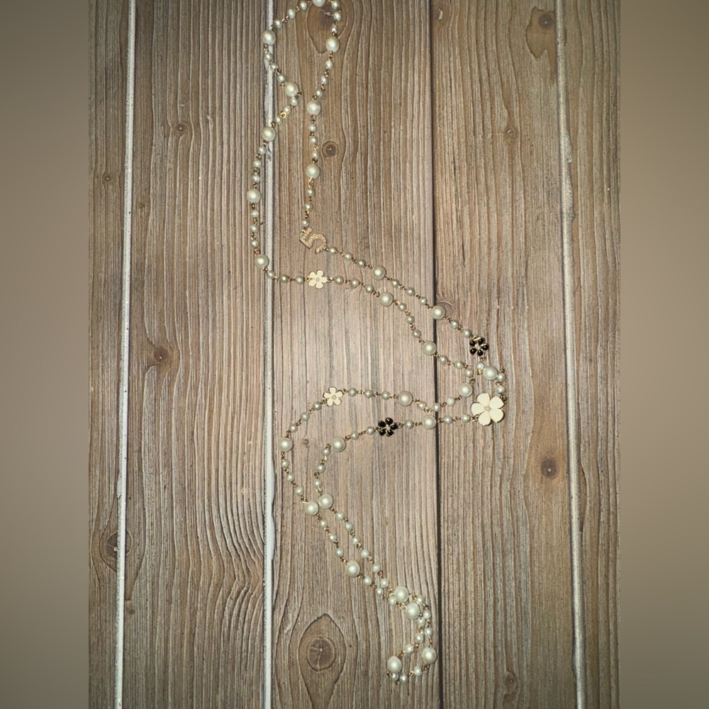 Delicate Pearl & Flower Long Necklace - Gold Tone - Picture 9 of 9